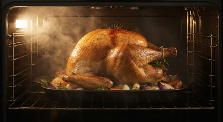 Roasted Turkey in Oven with Vegetables Thanksgiving Dinner