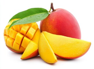 Ripe mango fruit with slices and leaf isolated on white.