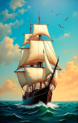 Spanish sailing ship on turquoise ocean waves against dramatic sunset sky with seagulls