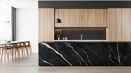 Modern kitchen design with wooden cabinets and black marble island in a well-lit interior