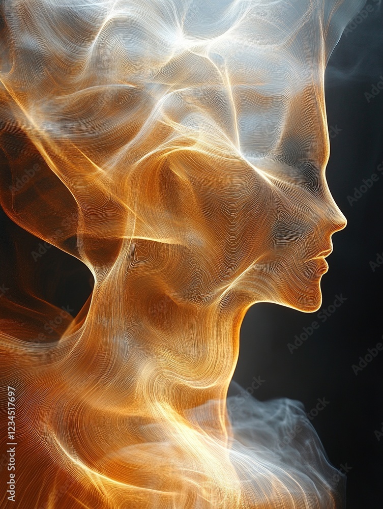 Poster profile of a person composed of light streams on a dark background for abstract art
