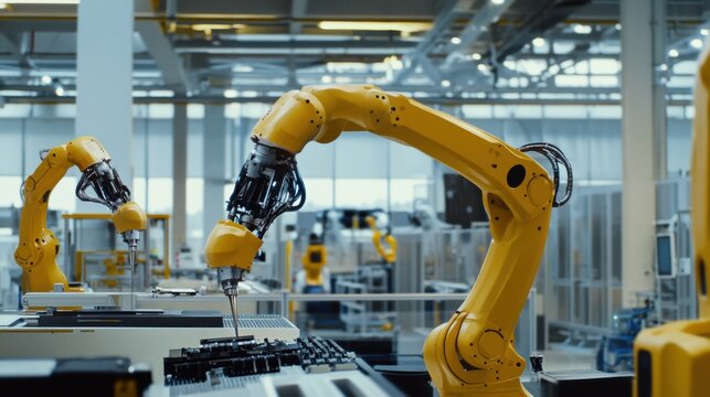 A factory automation specialist programming robotic arms in a modern production facility, with robots and assembly lines in operation, Robotic automation scene