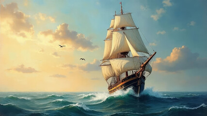 Spanish sailing ship on turquoise ocean waves against dramatic sunset sky with seagulls