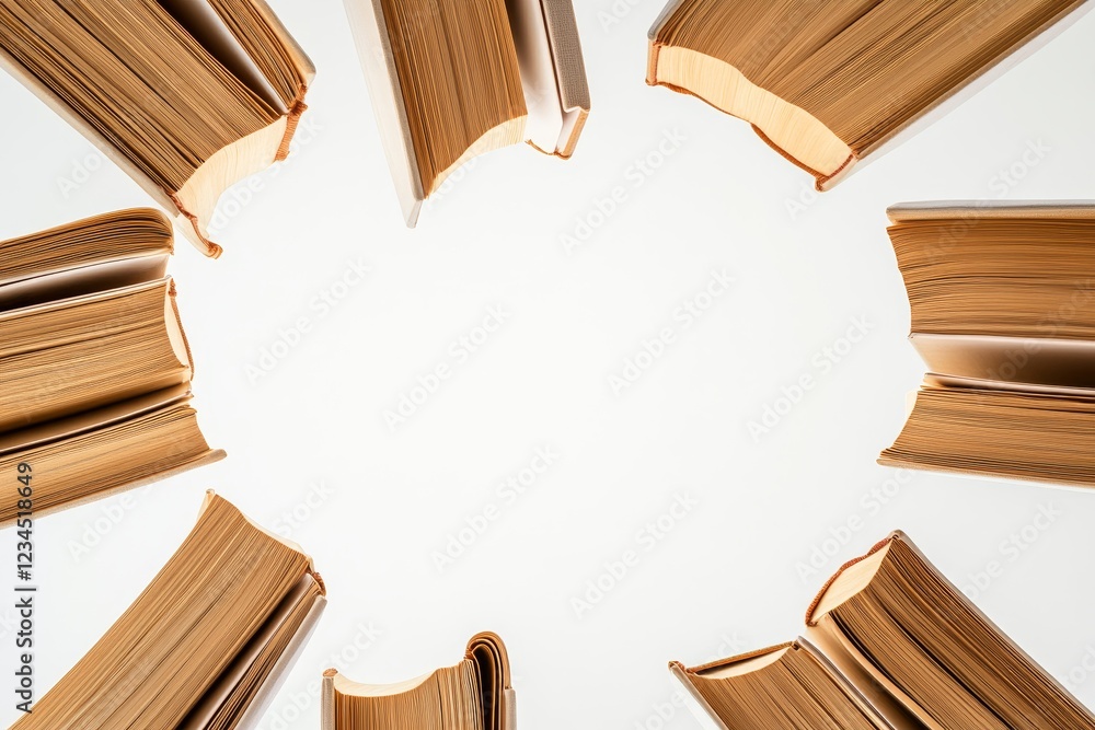 Poster open books arranged in circle with unused space on white background