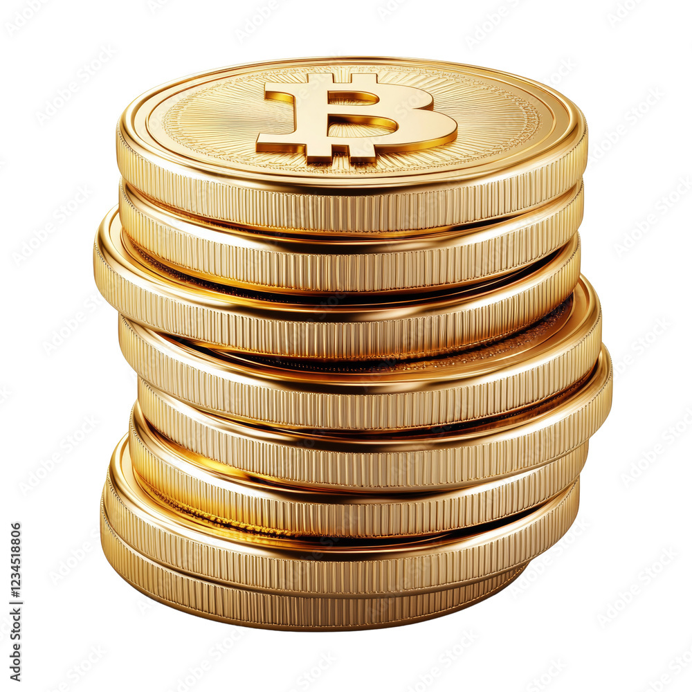 Poster a digitally rendered image showcases a stack of gleaming gold bitcoin coins, symbolizing cryptocurre