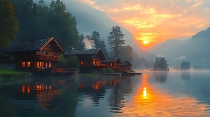 Fototapeta premium Sunrise over calm lake with wooden houses reflecting in water.