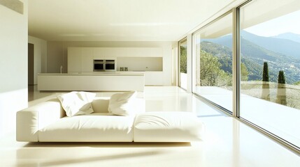 Obraz premium Modern Minimalist Living Room: Sunlit Interior with Panoramic Mountain Views