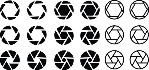Camera shutter icons set. Camera lens diaphragm. Lens aperture, photo shutter, photo lens, shutter lens, camera shutter and camera lens icon collection