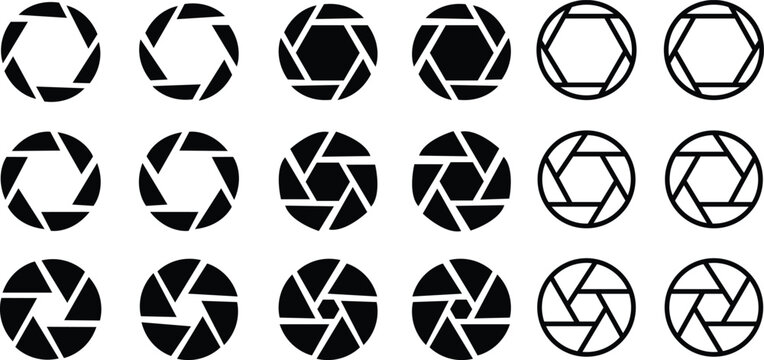 Camera shutter icons set. Camera lens diaphragm. Lens aperture, photo shutter, photo lens, shutter lens, camera shutter and camera lens icon collection
