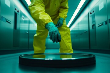 Obraz premium Person in Protective Suit Handling Object on Reflective Surface