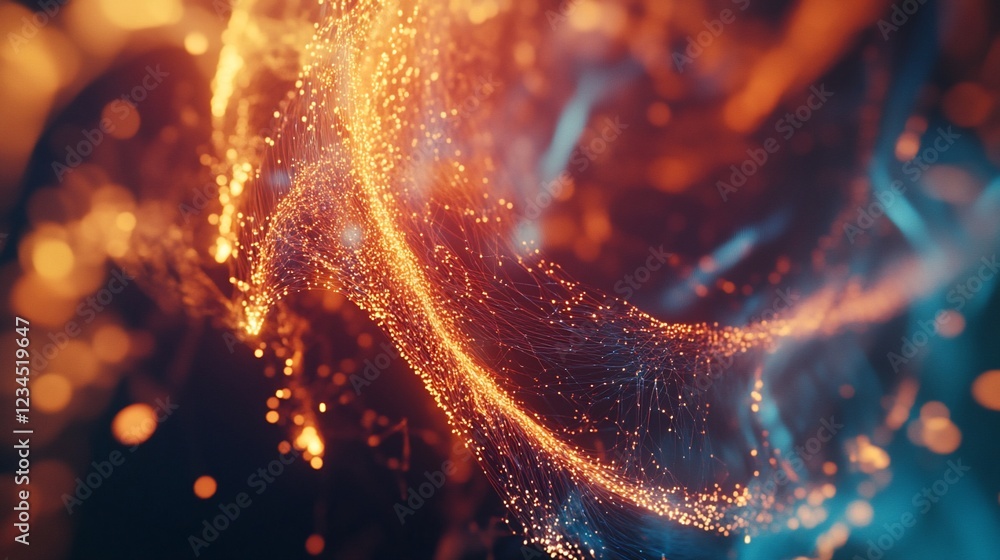 Poster abstract glowing network with dynamic orange and blue particles flowing in a dark space