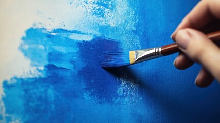 Close-up of hand painting blue abstract art.
