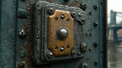 Fototapeta premium Rusty metal lock on bridge gate, city backdrop