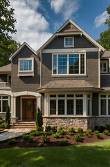 Luxury Modern Home Exterior: Architectural Design and Landscaping.  A stunning contemporary house with stone accents, showcasing beautiful landscaping and modern design elements.