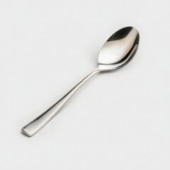 A shiny silver spoon with a sleek design, reflecting light, positioned on a neutral background.