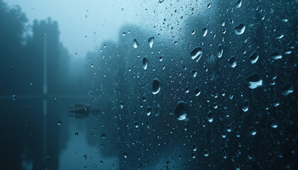 Obraz premium Close-up of raindrops on glass with misty forest view 