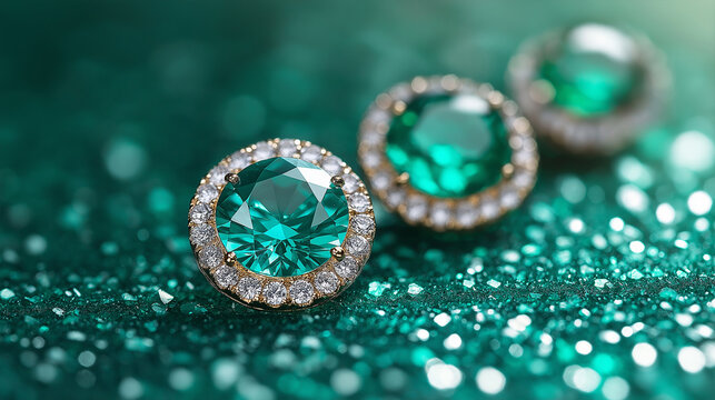 Stunning emerald gemstones with diamond halos on a sparkling green surface