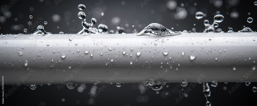 Poster close-up of water droplets splashing off a white pipe, symbolizing freshness and purity with clear r