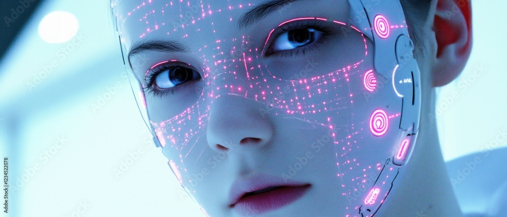 Aufkleber futuristic humanoid with glowing facial patterns in tech setting