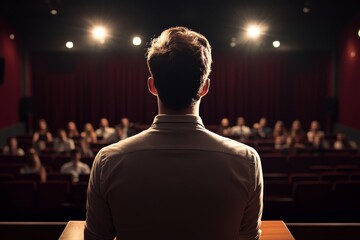 Fototapeta premium Professional Speaker Addressing Audience in Well-Lit Auditorium