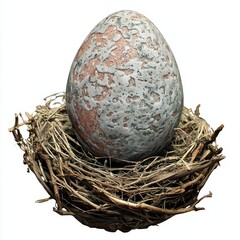 Obraz premium Unique Speckled Egg Nestled in Natural Bird Nest Crafted from Twigs and Grass, Showcasing Earthy Tones and Textures