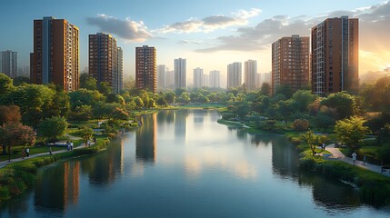 Naklejka premium Serene cityscape with lake, park, and residential buildings at sunset.