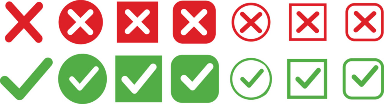 Set green approval check mark and red cross icons collection in circle and square, checklist signs, flat checkmark approval badge, 