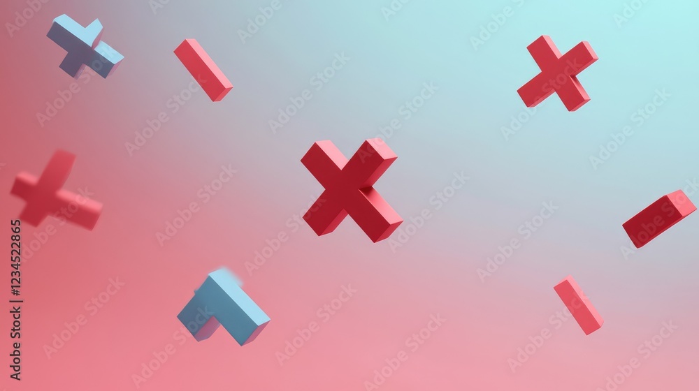 Aufkleber abstract composition featuring floating geometric shapes in shades of red and blue on a soft gradien