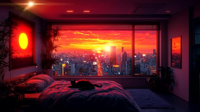 A cozy bedroom scene with a cat silhouetted against a vibrant sunset over a city skyline. seamless looping 4k time-lapse animation video background