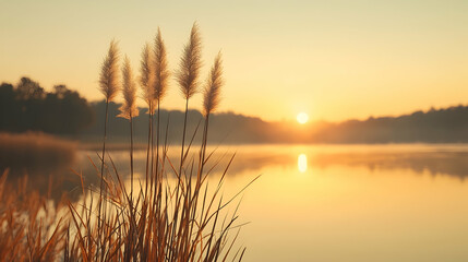 Sunrise over calm lake, pampas grass foreground. Peaceful nature scene, ideal for travel brochures