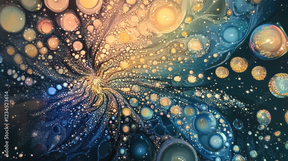 Poster abstract cosmic swirls with colorful bubbles and fluid patterns, representing outer space, cosmic en