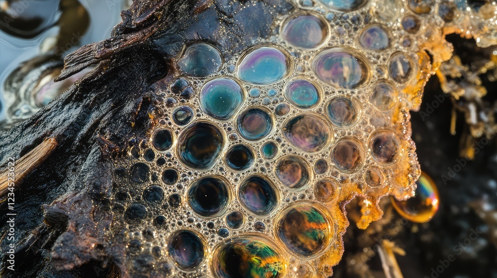 Aufkleber close-up of colorful soap bubbles on a textured surface, showcasing iridescence and natural patterns