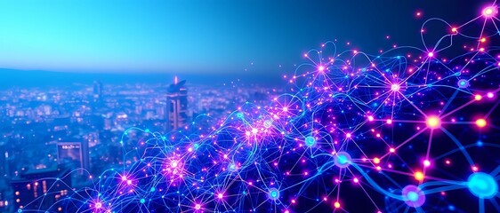 Cosmic Cityscape at Dusk: Vibrant Neon Lights and Starry Night Sky