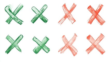 Obraz premium Colorful Hand-Drawn Checks and Crosses with Green and Red Tones for Creative Visuals and Graphic Design Projects, Symbolizing Approval and Rejection Concepts