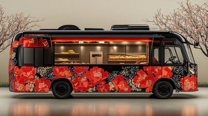 Stylish food truck, cherry blossoms, modern design,  promotional vehicle