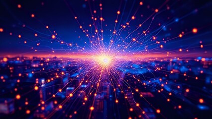 Obraz premium Galactic Cityscape at Dusk - Vibrant Neural Network Visualization