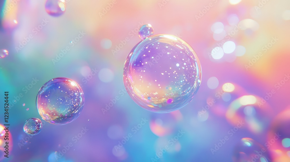 Poster ethereal bubbles floating against a soft colorful background with glittering particles, creating a d
