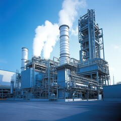 Industrial power plant emitting steam, daytime, clear sky, energy production