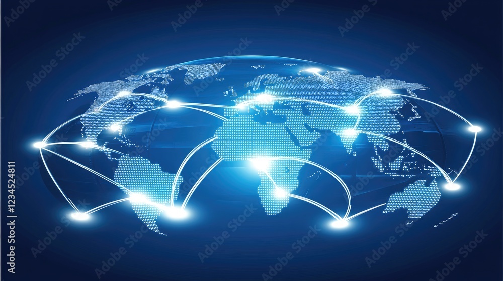 Poster global network connection, illuminated lines connecting continents on a 3d world map.