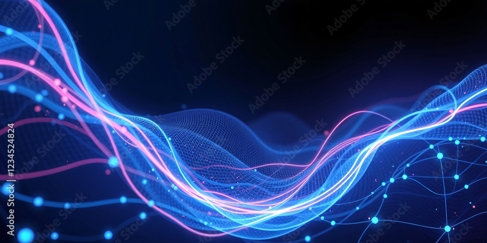 Poster dynamic digital network: flowing blue lines and glowing points of light on dark background