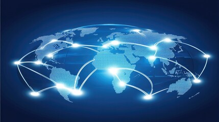 Fototapeta premium Global network connection, illuminated lines connecting continents on a 3D world map.