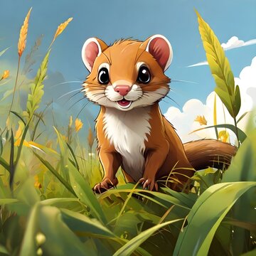 Illustration of a cute weasel standing on a stone in the grass with flowers and plants