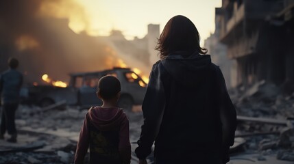 In a war-torn street, an Arab mother and child gaze at a burning vehicle, capturing a moment of uncertainty and courage.