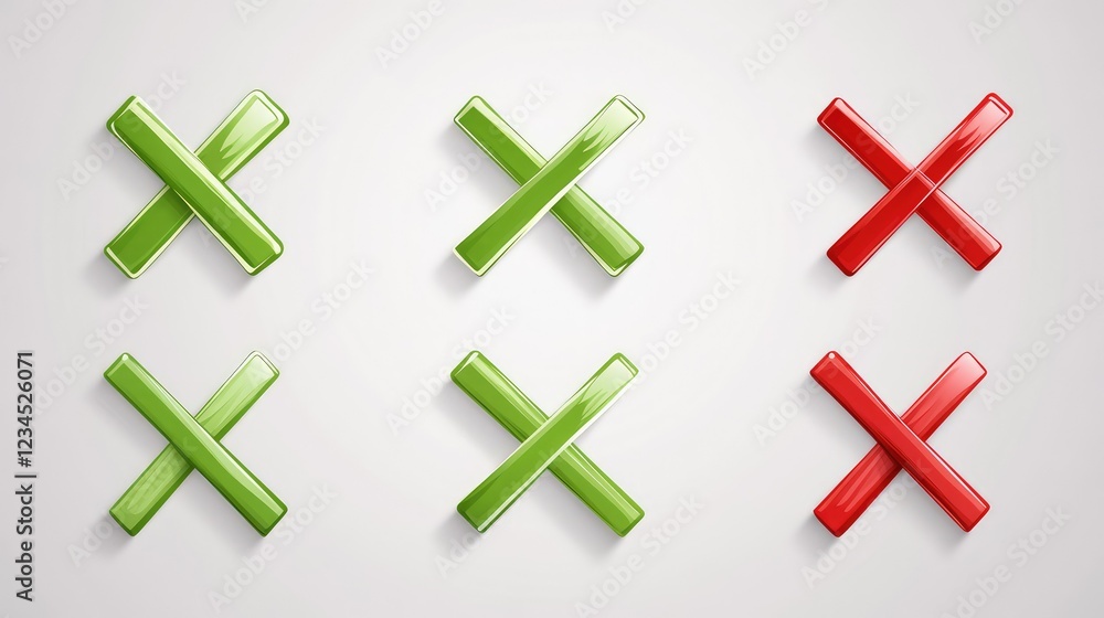Poster bright and glossy green and red icons representing approval and disapproval in a modern, minimalisti