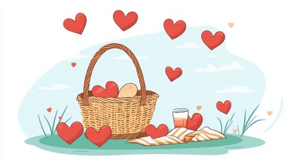 Romantic picnic setup, basket with hearts,