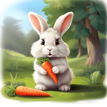 Illustration drawing of a bunny rabbit character with carrots in the woods
