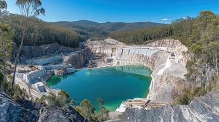 Obraz premium Turquoise quarry lake, forested hills, mining operation, industrial landscape