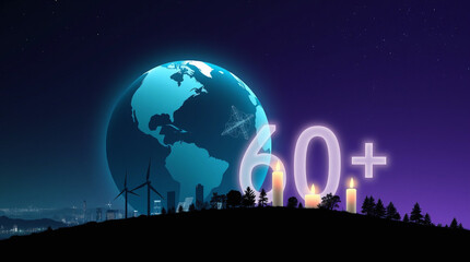 Fototapeta premium Earth Hour 60+ Minutes Concept – Digital Art with Glowing Candlelights, LED Typography, and Planet Earth in Gradient Colors