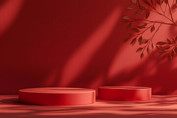 Red Cylindrical Platforms and Stylized Branch with Leaf Shadows