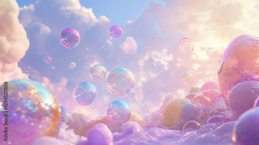 Poster ethereal scene of colorful soap bubbles floating above soft clouds under a dreamy sky at sunset, cap